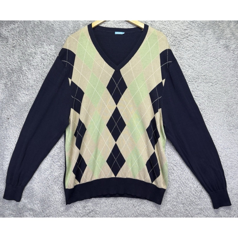 J McLaughlin Mens 2XL Cotton Modal Sweater Blue Green Argyle V Neck Preppy Golf